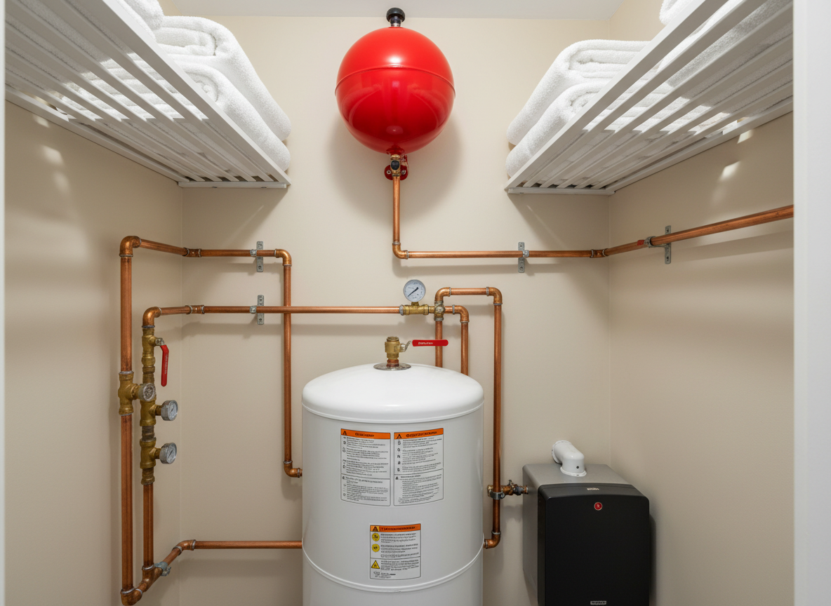 A clean, organised heating controls corner inside a Medway home, showing a modern unvented cylinder in brushed white metal with clear safety labels, expansion vessel above, and neatly routed copper pipework with isolation valves and gauges. The cylinder stands against a freshly painted light beige wall inside a spacious airing cupboard, with white slatted shelves above holding neatly folded towels. Bright but soft overhead lighting creates an even, clinical clarity on all components. Photographic realism, shot at eye level with sharp focus, conveying technical competence, safety, and the added comfort of a professionally designed hot water system paired with an efficient boiler installation.