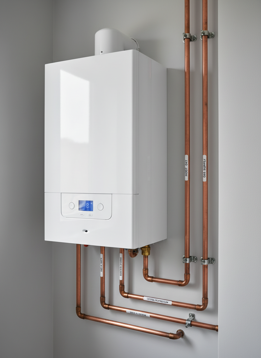 A modern wall-mounted combi boiler with a clean white casing and discreet digital display, installed in a neat utility cupboard in a typical Medway home. The surrounding walls are freshly painted in a soft light grey, with copper pipes running vertically and horizontally in perfectly straight lines, neatly clipped and labelled. Soft, diffused daylight enters from an unseen window, creating gentle reflections on the boiler’s smooth surface and a calm, professional atmosphere. Photographic realism at eye-level, sharp focus throughout, with the boiler framed slightly off-centre following the rule of thirds, suggesting reliability, order, and high-quality workmanship suitable for a trustworthy local heating company website.