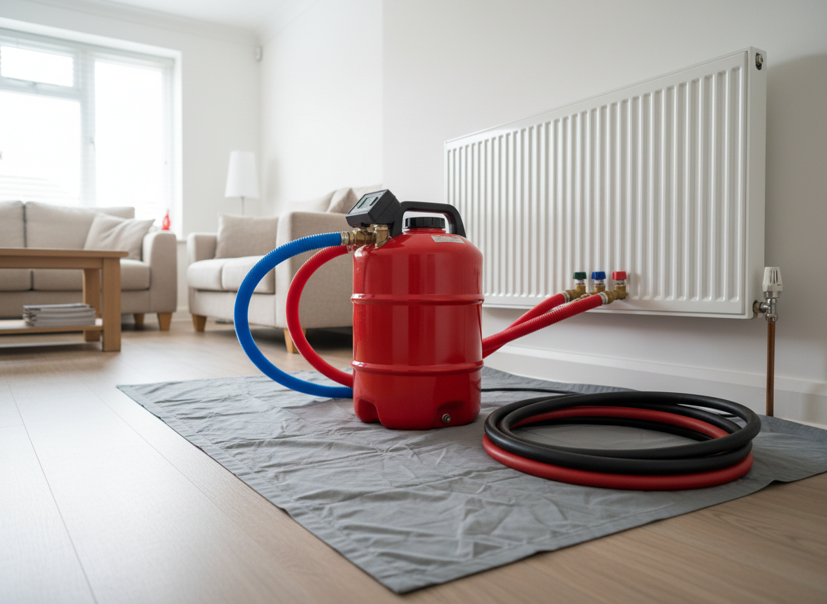 A detailed view of a powerflushing setup in a domestic living room, focusing on a robust red powerflush machine connected via flexible hoses to a central heating system. The machine sits on a protective dust sheet spread over light oak laminate flooring, with neatly coiled spare hoses beside it. The connected copper pipes disappear into a pristine white radiator along the wall. Soft, overcast daylight filters through a nearby window, giving a neutral, honest feel, with subtle reflections on the machine’s plastic tank and metal fittings. Photographic realism, shot from a low, three-quarter angle to emphasise the professional equipment and cleanliness of the work area, conveying thorough system cleaning and care for the customer’s home.