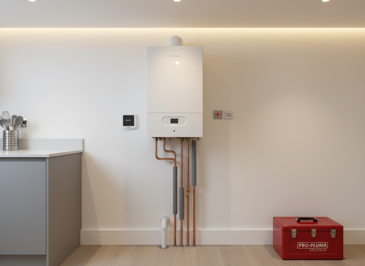 A tidy domestic boiler installation scene showing a brand-new high-efficiency boiler alongside a clearly labelled fuse spur, condensate pipe, and smart thermostat receiver mounted on a clean plastered wall. The pipes are copper with a subtle satin sheen, carefully lagged where necessary, leading down to a minimalist white skirting board. Warm but neutral interior lighting from above casts soft shadows that emphasise the precision of the pipework. Shot in photographic realism from a slightly elevated angle, with a wide composition that includes part of a kitchen worktop and a neatly stacked toolbox on the floor, reinforcing a professional, organised, and trustworthy boiler specialist image.
