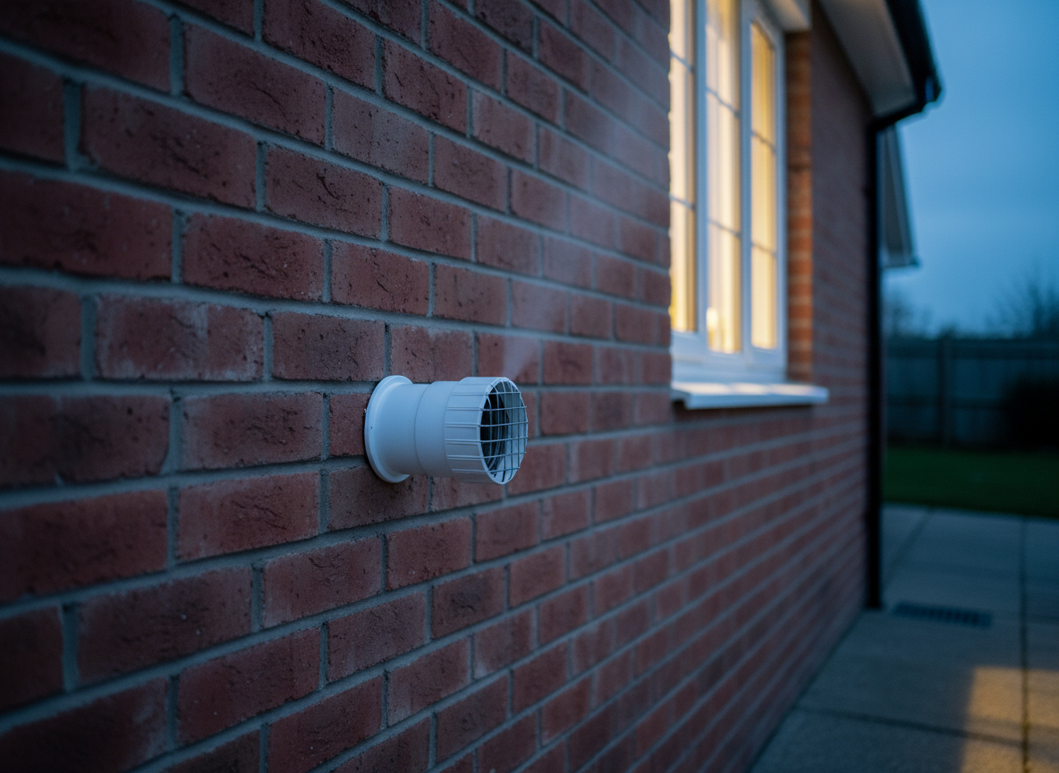 An exterior view of a typical Medway brick house at dusk, focusing on the subtle signs of a well-installed boiler system: a neatly terminated horizontal flue protruding from a clean red-brick wall and a small plume of faint steam barely visible in the cool air. The bricks show natural texture and weathering, while the flue is a modern white plastic with a slight satin finish. Soft blue evening light creates a cool, crisp atmosphere, with a single warm interior light glowing through a nearby window implying a cosy, heated home. Photographic realism, shot from a slightly low angle, balanced composition, projecting professionalism and compliance with safety standards.