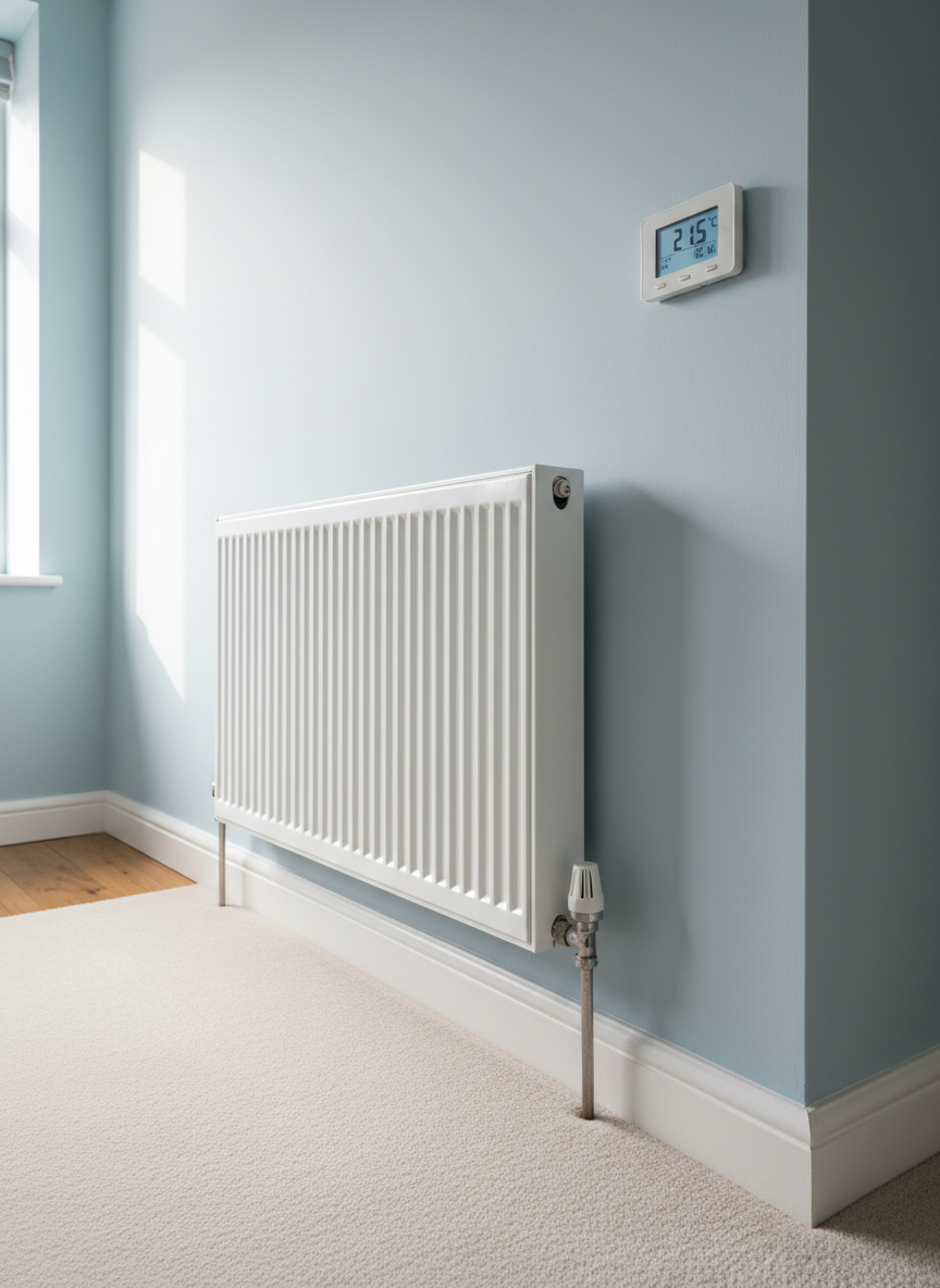 A peaceful Medway home interior showcasing an efficient heating system in use: a modern white double-panel radiator mounted on a freshly painted pale blue wall, with a precise digital room thermostat displayed on a nearby wall at eye level. The thermostat shows a comfortable temperature, its backlit screen glowing softly. Natural afternoon light streams in from an unseen window, creating a gentle gradient of light and shadow across the radiator’s vertical fins. Photographic realism with a slightly wide composition, including a small section of clean skirting board and neatly laid carpet, presenting a warm, safe, and well-maintained home environment that reflects the benefits of professional boiler servicing and installation.