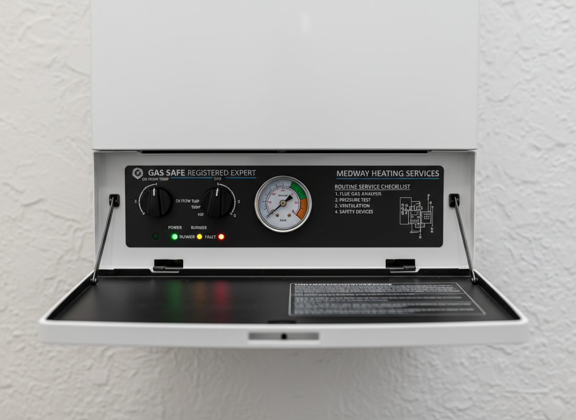 A close-up of a boiler’s front panel during a routine service, showing the open drop-down control cover revealing clearly arranged dials, pressure gauge, and diagnostic lights. The boiler casing is bright white with a matte finish, contrasting with the dark, neatly printed user instructions on the inside flap. Behind, a textured, off-white wall provides subtle visual interest without distraction. Cool, even overhead lighting highlights every detail on the control panel, with a shallow depth of field gently blurring the surrounding edges. Photographic realism, calm and technical mood, emphasising precision, safety checks, and meticulous attention to detail expected from a Gas Safe registered Medway heating expert.